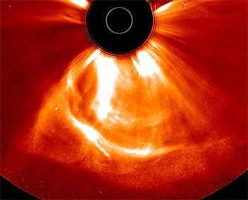 Image of the July 2012 solar storm, which generated CMEs of comparable strength to the one of 1859. The small bright circle in the light baffle demonstrates the size of the Sun.