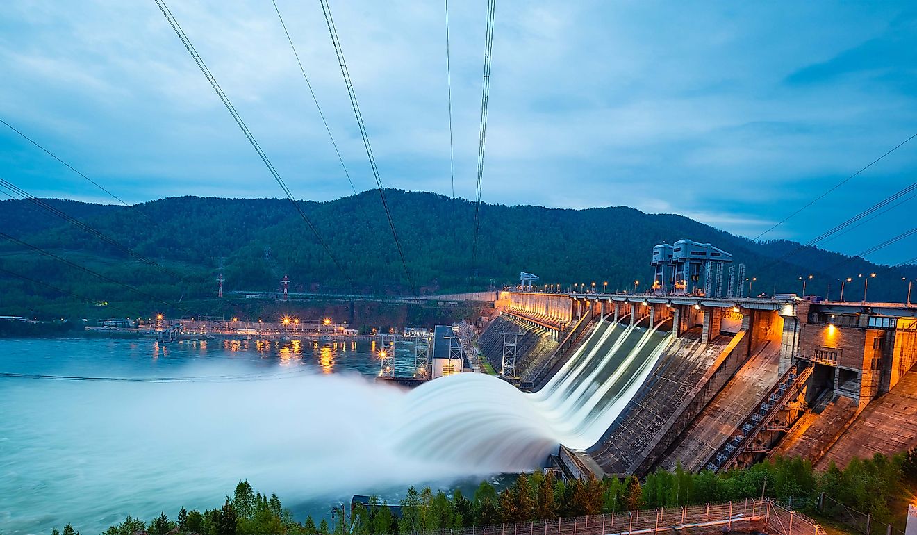 View of the hydroelectric dam, water discharge through locks. 