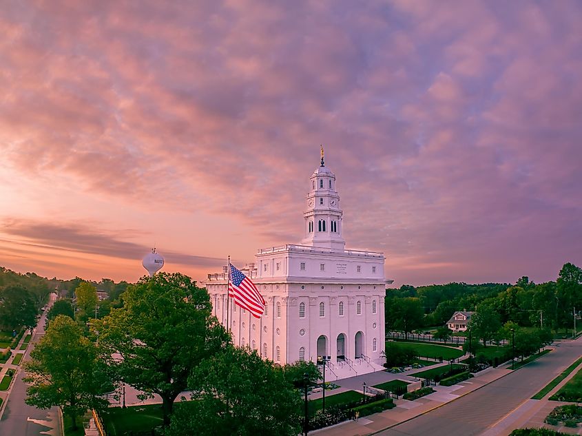 The Nauvoo, Illinois, Temple is surrounded by greenery in Nauvoo, Illinois.