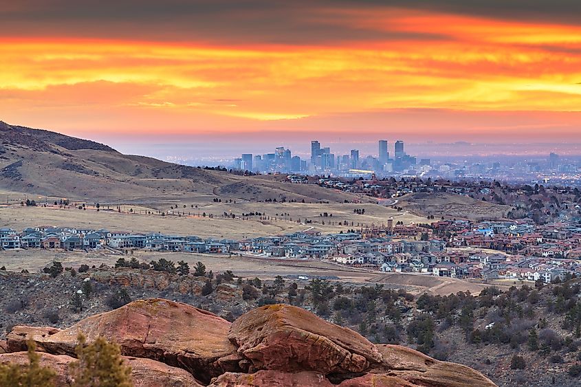  Denver, Colorado, downtown skyline viewed from Red Rocks at dawn.
