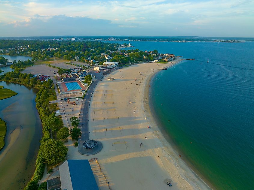 Ocean Beach aerial view in Ocean Beach Park at the mouth of Thames River in New London, Connecticut.
