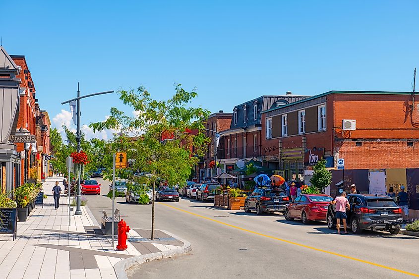 Historic commercial buildings on Rue Principale O Street in downtown Magog, Quebec. 