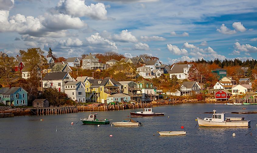 Lobster boats anchored in Stonington, Maine.