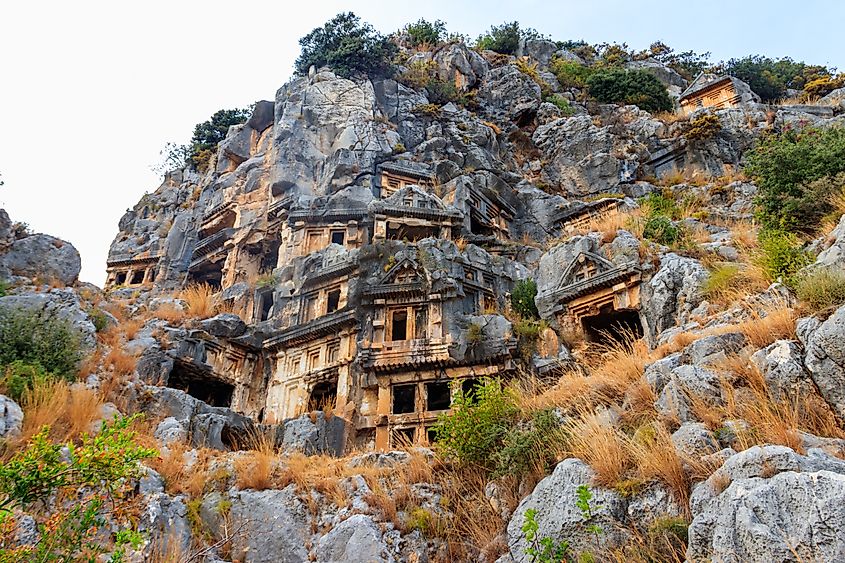 Rock-cut tombs of Lycian necropolis of the ancient city of Myra in Demre, Antalya province in Turkey.
