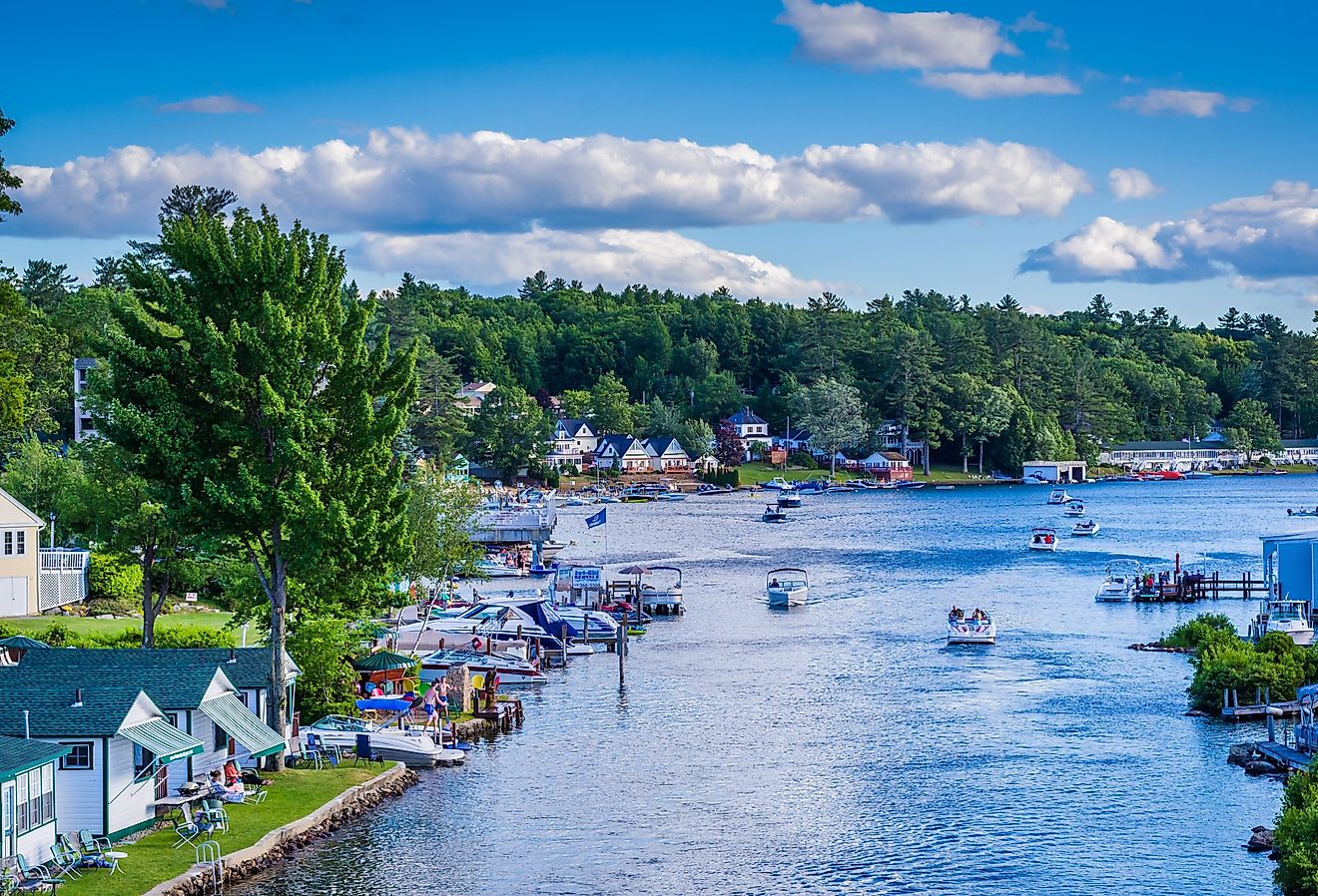 View of boats in Paugus Bay, in Weirs Beach, Laconia, New Hampshire.