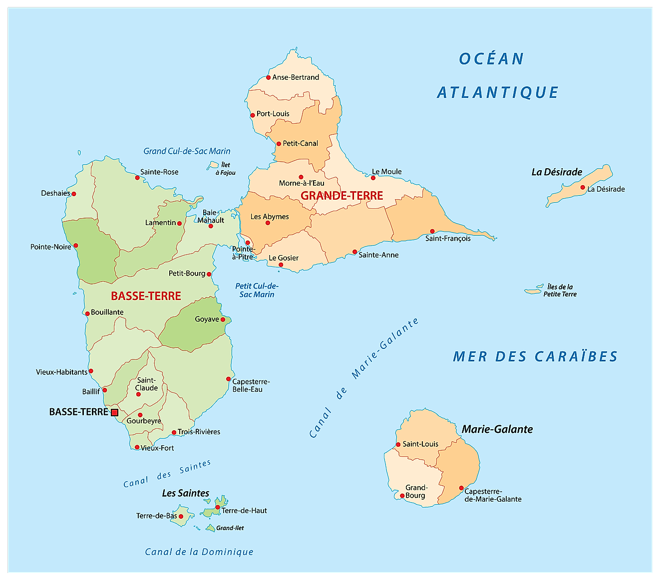 Political Map of Guadeloupe showing its capital city - Basse-Terre
