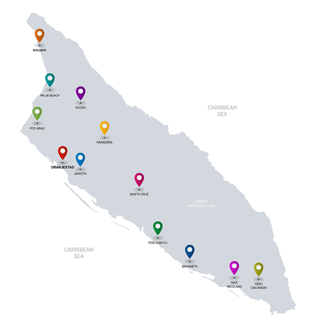 Political Map of Aruba showing the capital city Oranjestad