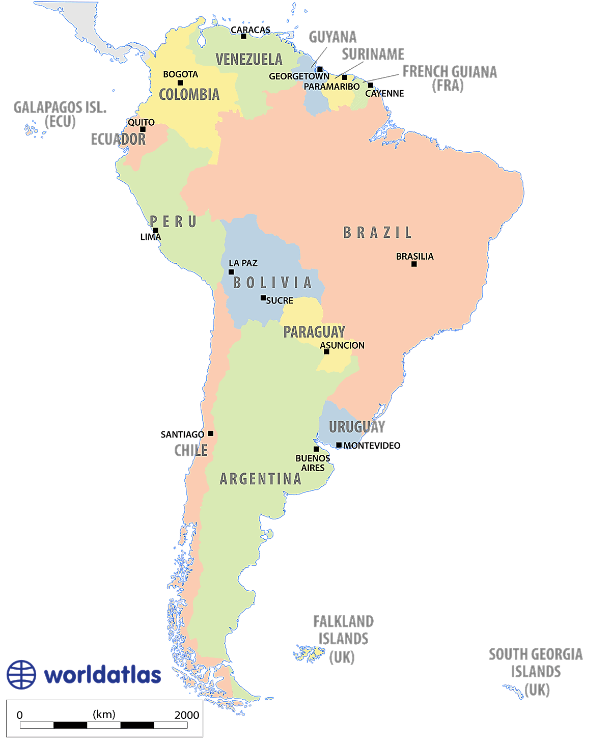 South America  map with capitals
