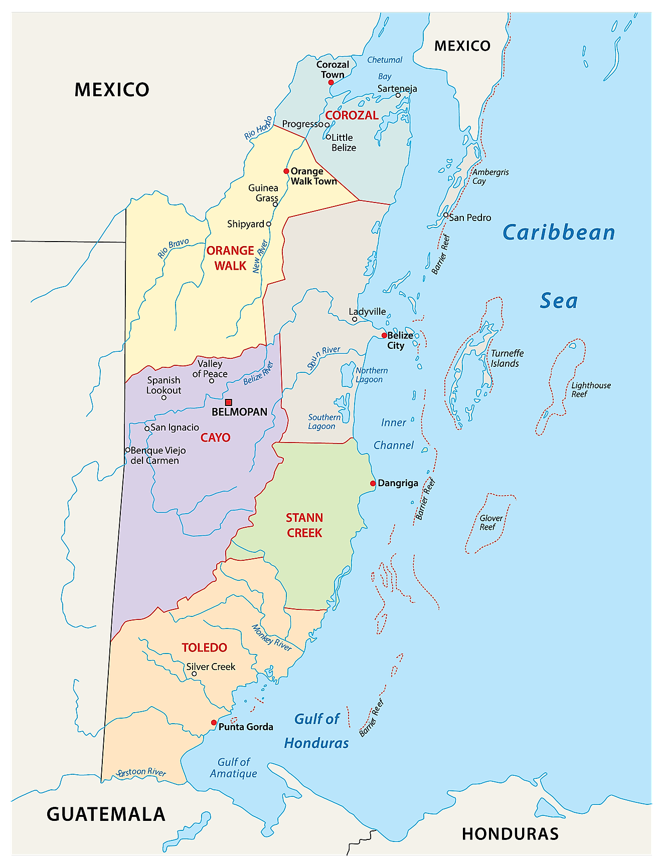 Political Map of Belize showing its 6 districts and the capital Belmopan