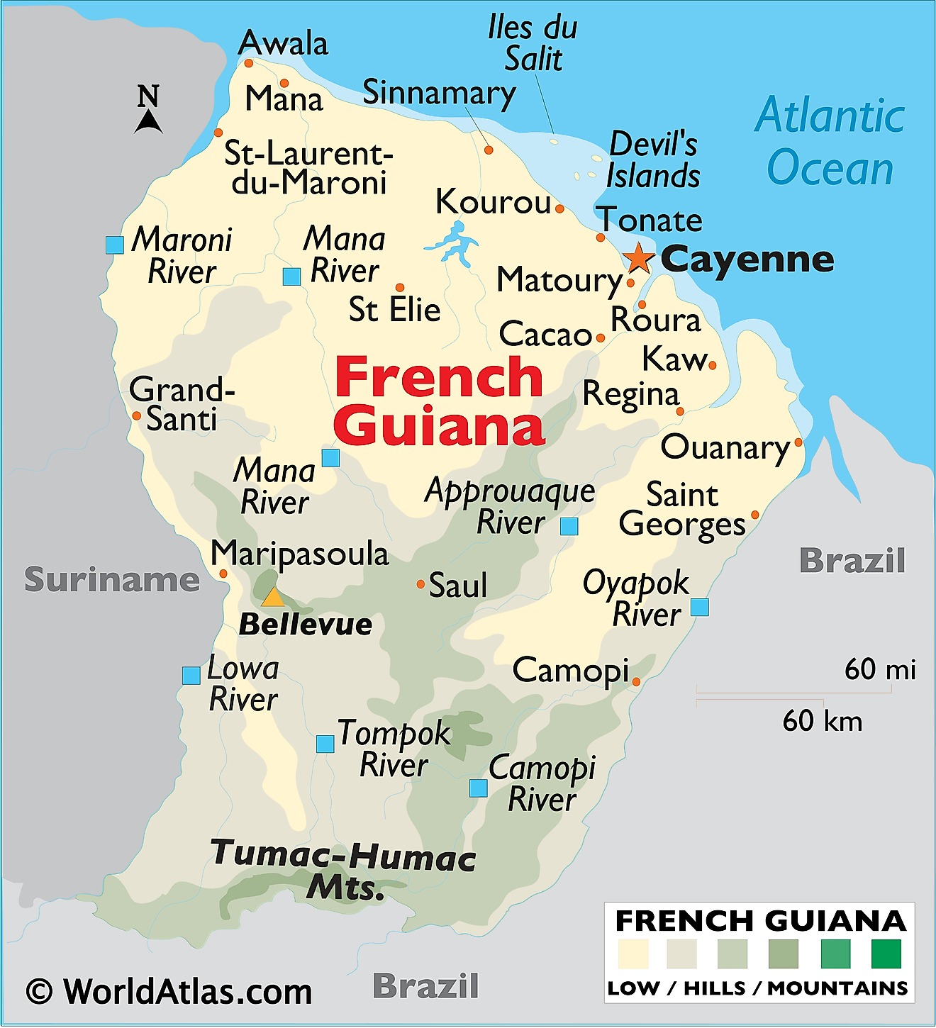 Physical map of French Guiana showing terrain, Tumac-Humac mountains, major rivers, important settlements, islands, etc.