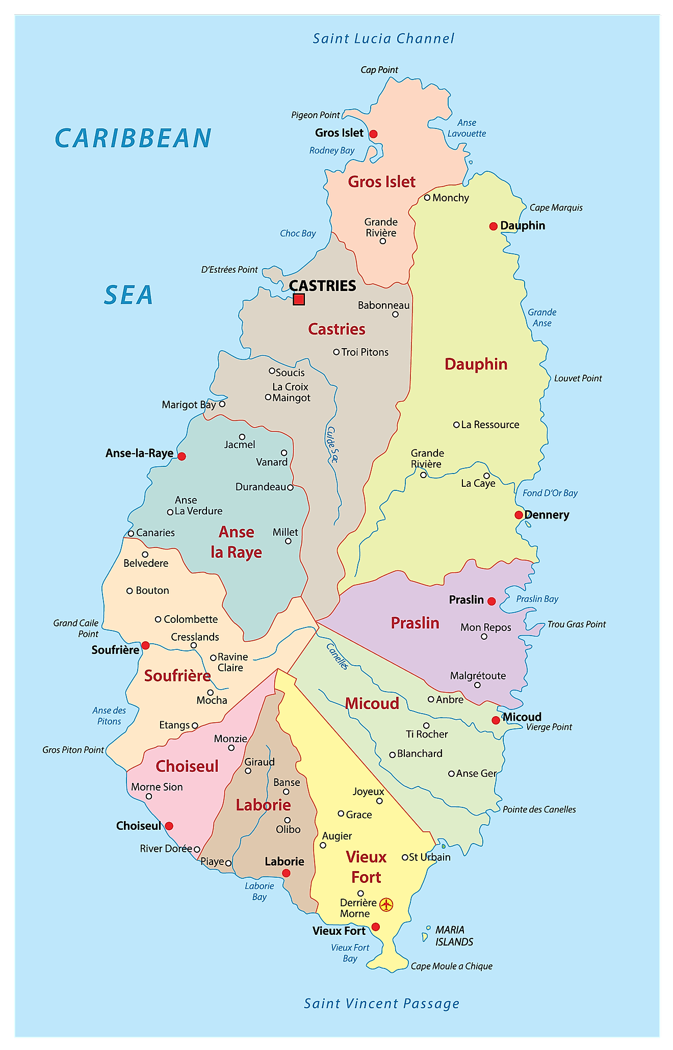 Political Map of Saint Lucia showing its 11 districts and the capital city of Castries.  