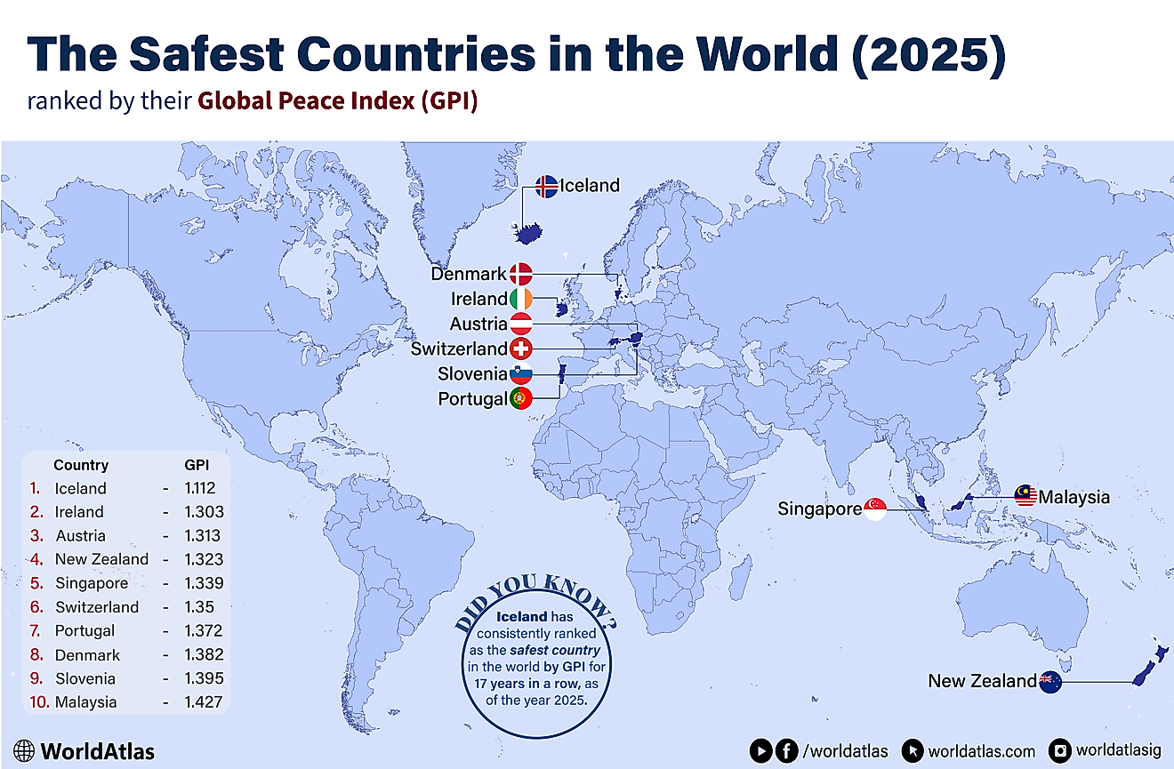 infographic and map of the safest countries in the world for 2025