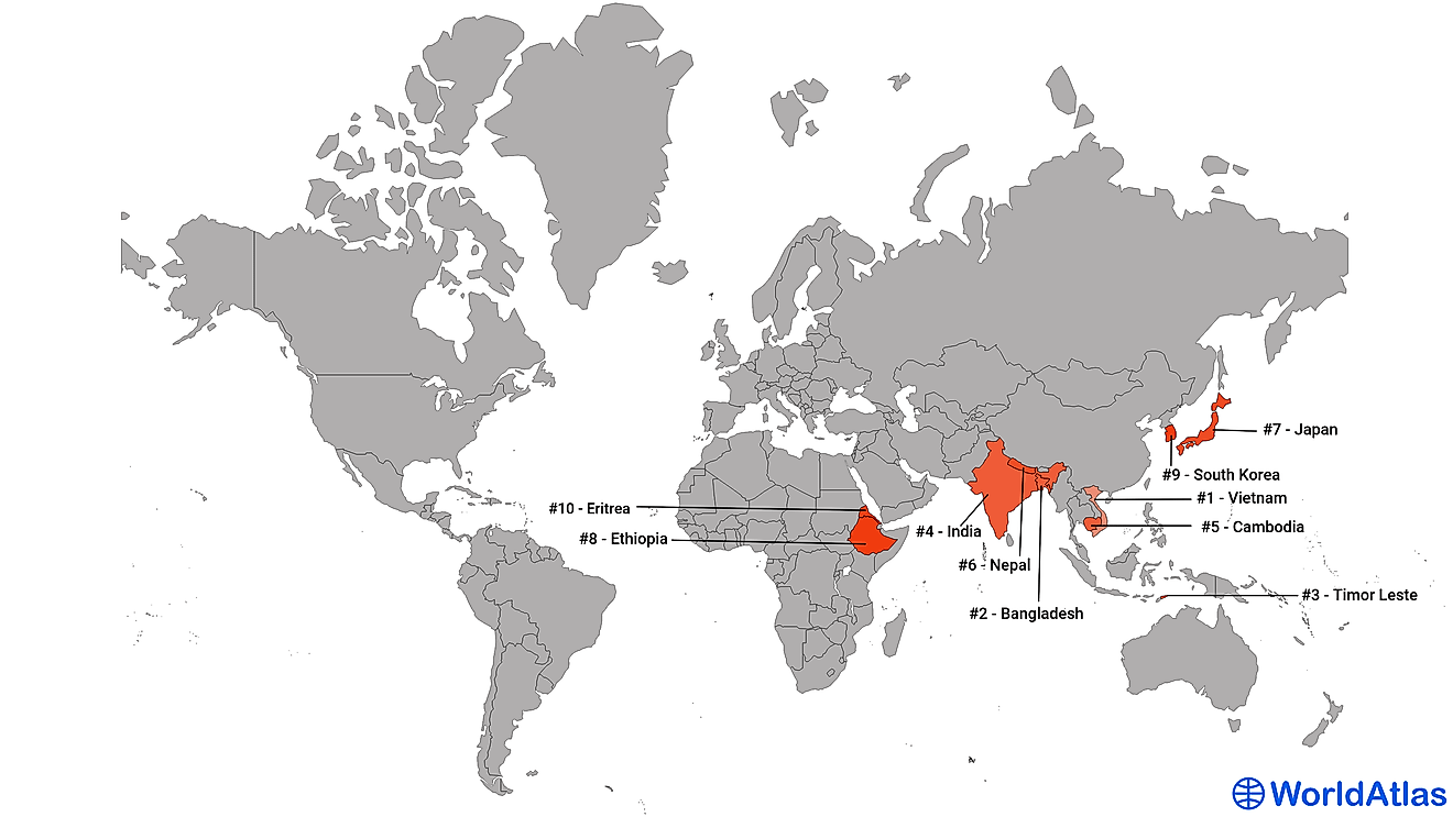 Map showing the world's 10 thinnest nations.