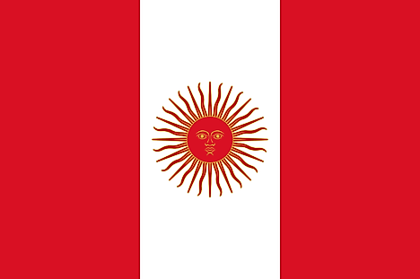 Red, white, red vertical bands and red sun with human face centered on white