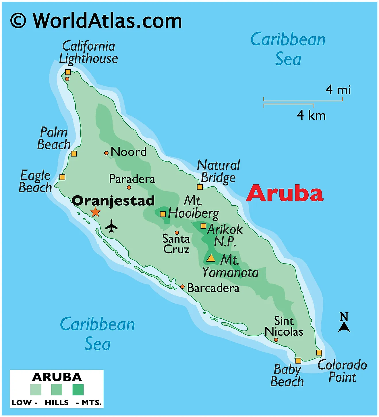 Physical Map of Aruba showing terrain, national parks, beaches, highest point, etc.