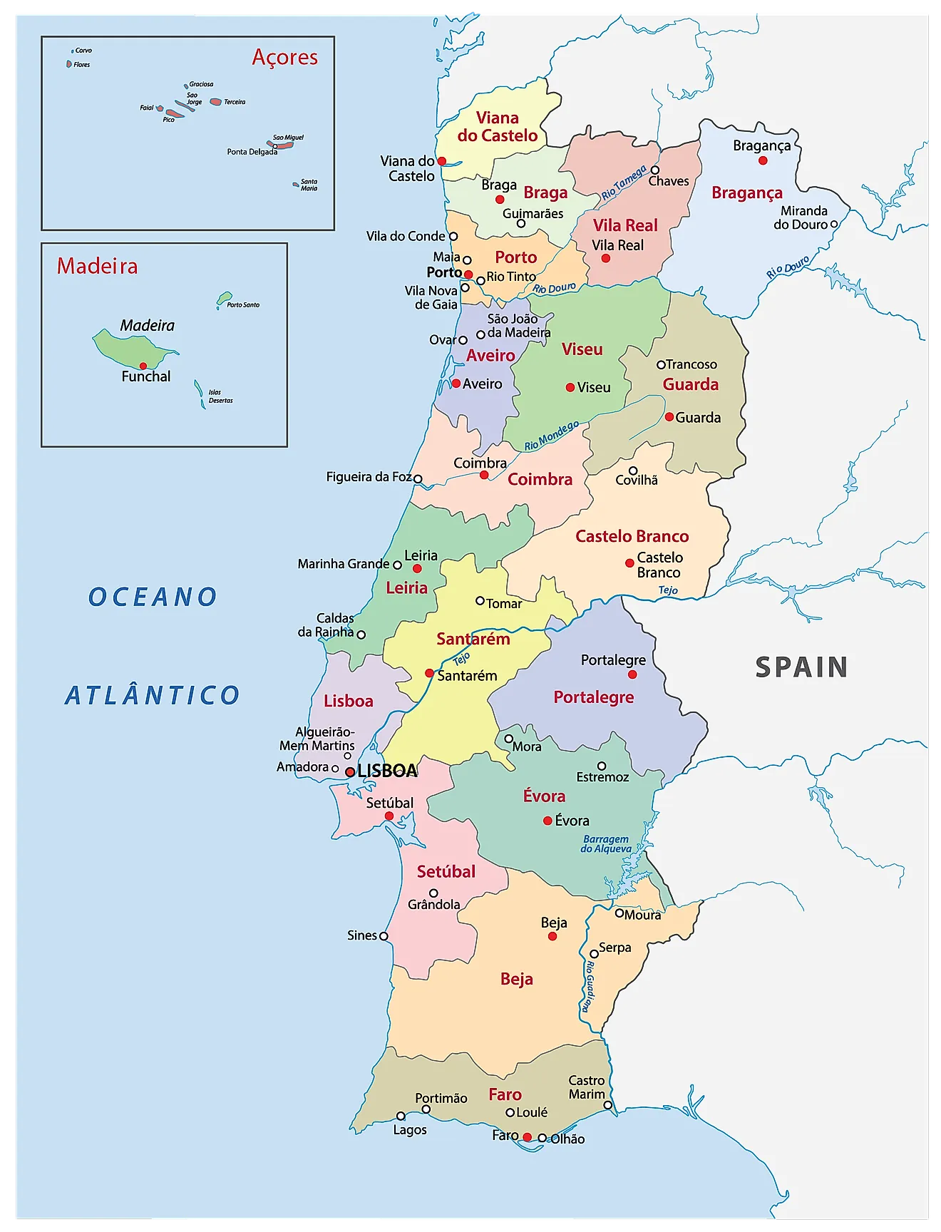 Political Map of Portugal showing the 18 districts and 2 autonomous regions and the capital city of Lisbon