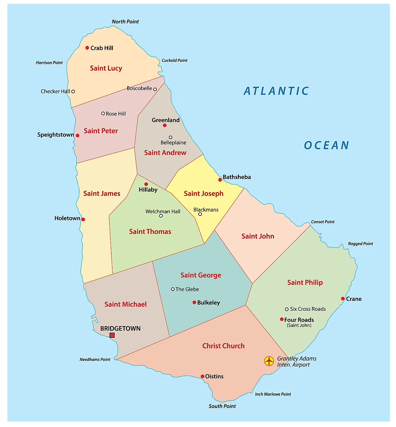 Political Map of Barbados showing its 11 parishes and the capital city of Bridgetown