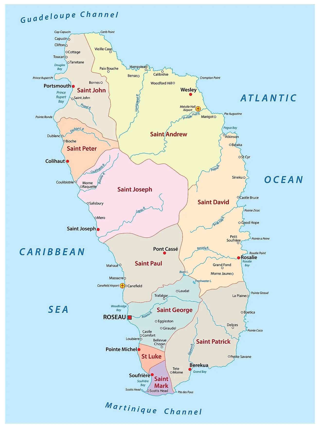 Political Map of Dominica showing its 10 parishes and the capital city of Roseau. 