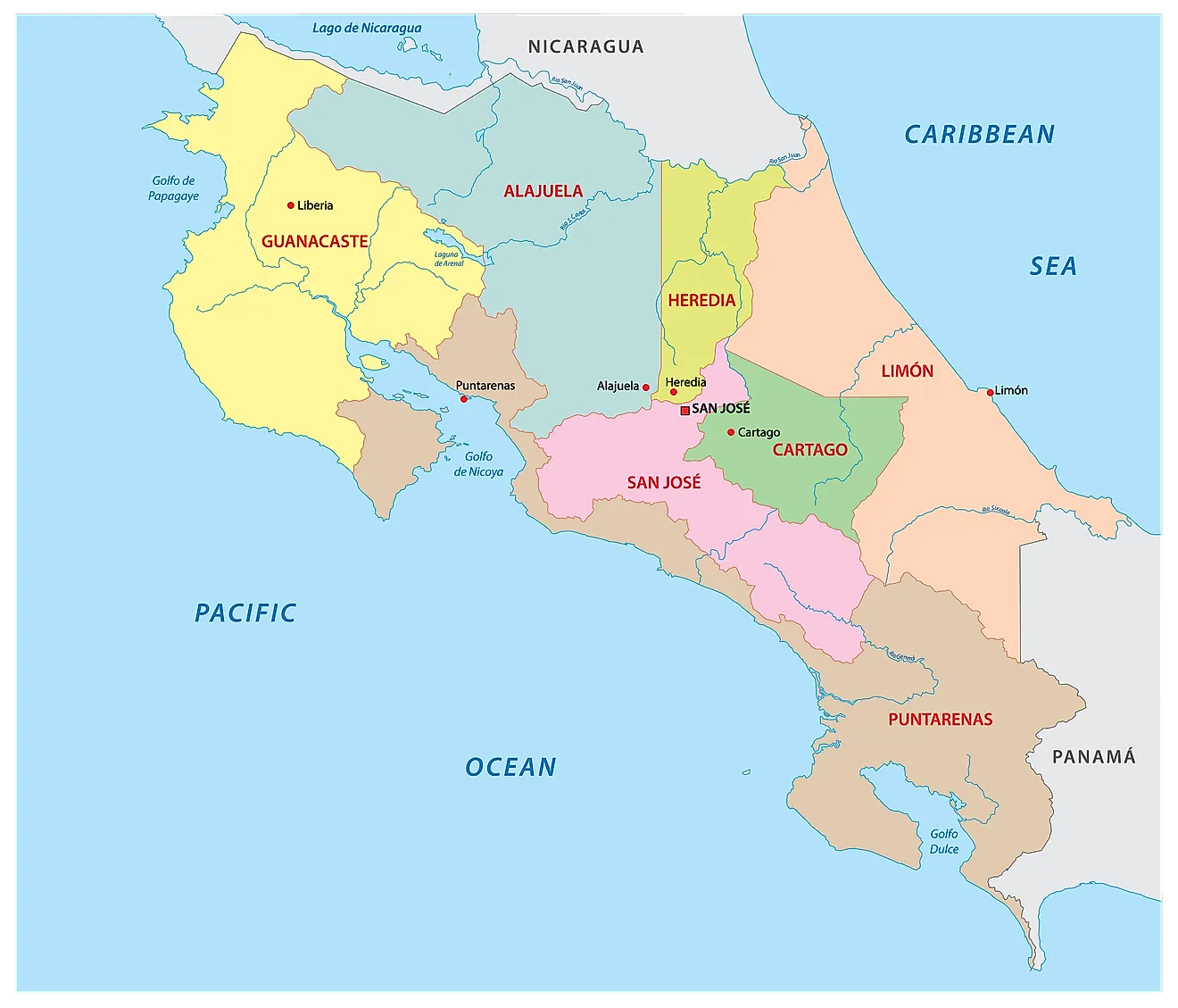 Political Map of Costa Rica showing its 7 provinces and the capital city of San Jose