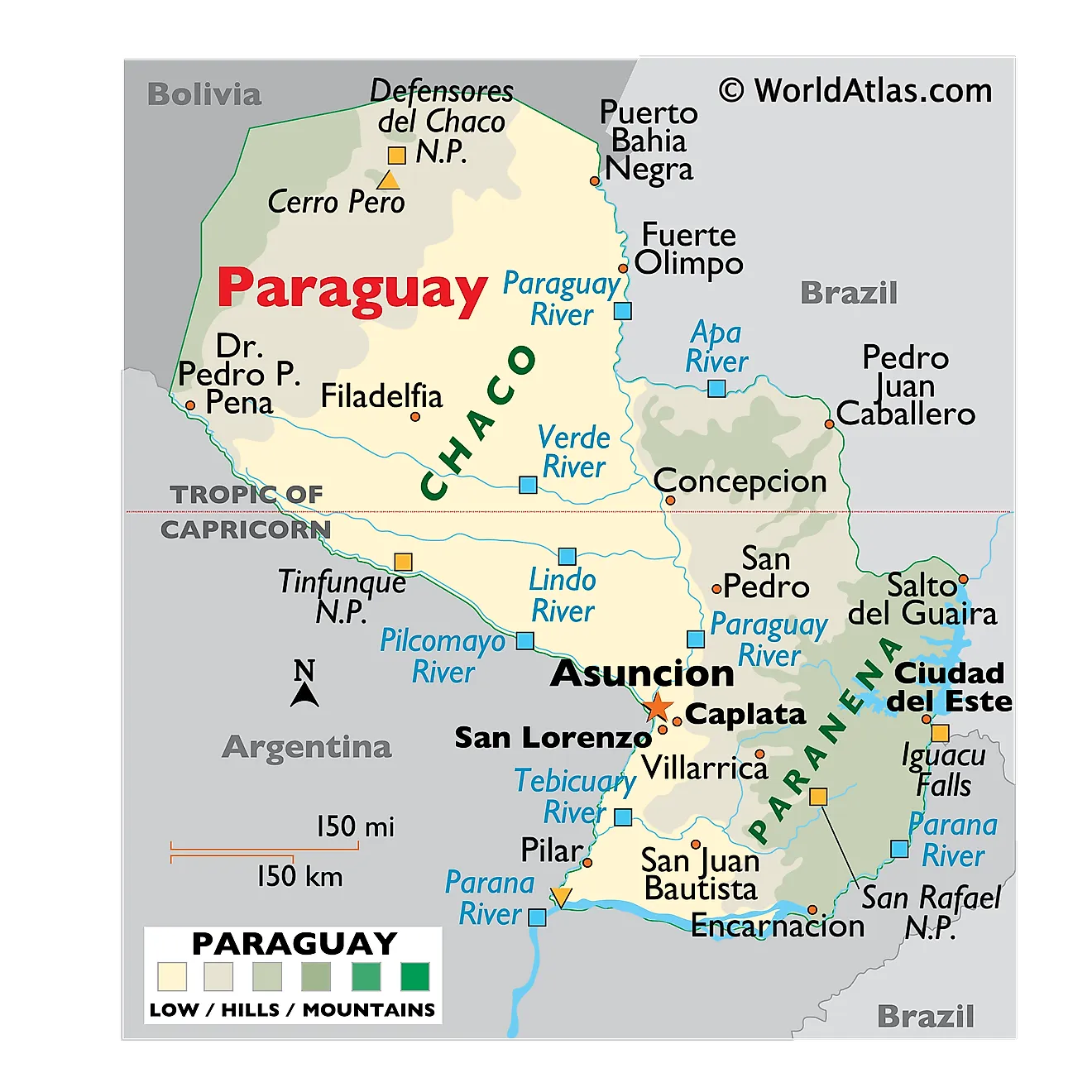 Physical Map of Paraguay showing relief, major rivers, geographical regions, protected areas, important settlements, bordering countries, etc.