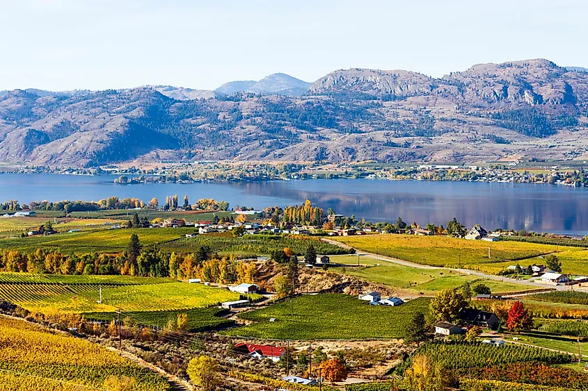 View of the small town of Osoyoos and Osoyoos Lake in the Okanagan Valley, British Columbia, Canada