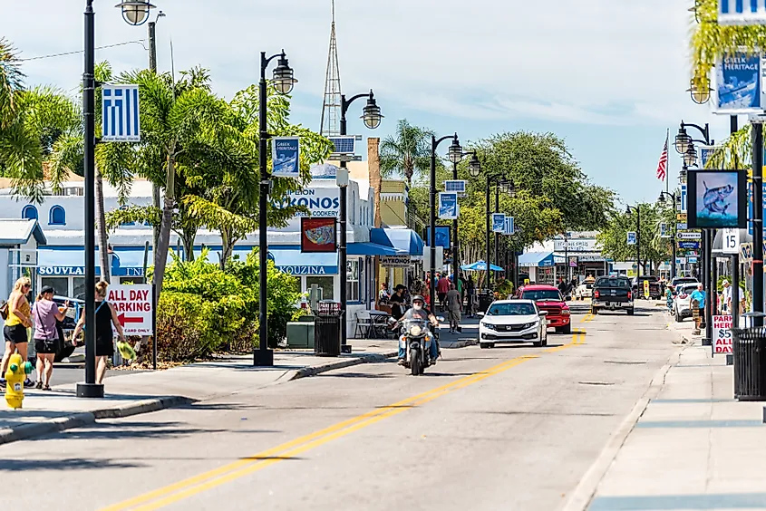Colorful buildings with blue banners on Dodecanese Boulevard in Tarpon Springs, Florida
