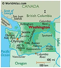 Physical Map of Washington. It shows the physical features of Washington including its mountain ranges, major rivers and lakes. 